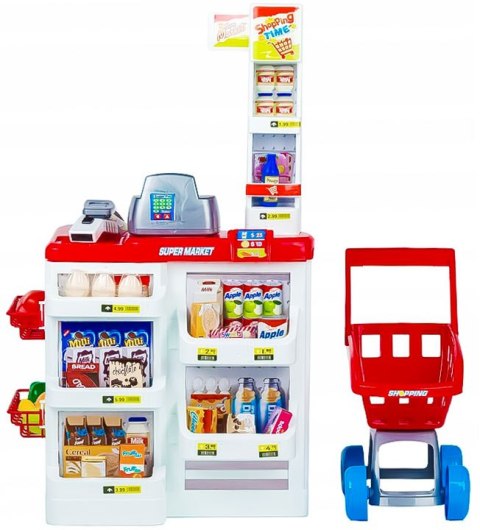 Duży sklep z kasą supermarket stragan dla dzieci z kasą fiskalną wagą i skanerem MULTISTORE