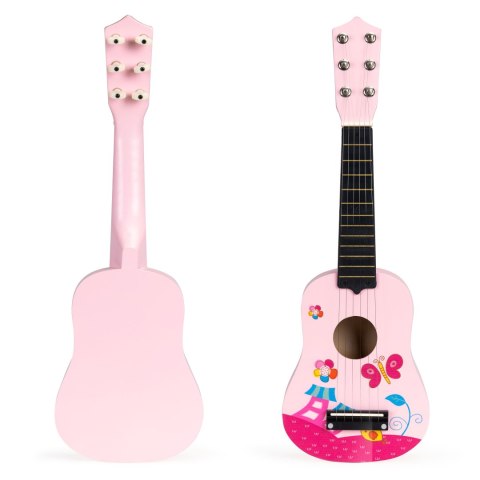 Gitara dla dzieci drewniana metalowe struny kostka różowa ECOTOYS ECOTOYS