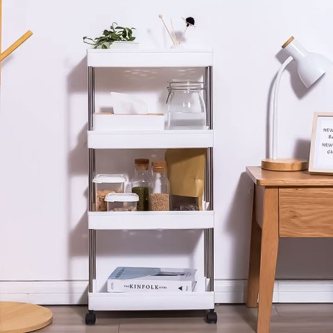 Plastikowy regał łazienkowy z 4 półkami kółka biały ModernHome ModernHome