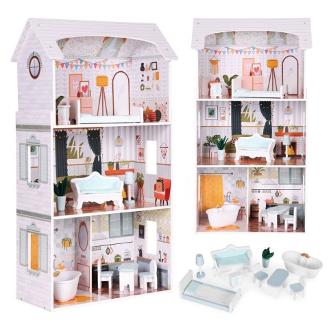 Domek dla lalek Alice 3 piętra 4 pomieszczenia komplet 9 mebelków ECOTOYS ECOTOYS