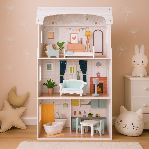 Domek dla lalek Alice 3 piętra 4 pomieszczenia komplet 9 mebelków ECOTOYS ECOTOYS