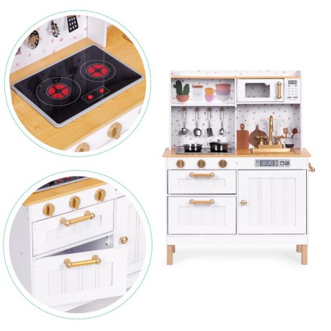 Kuchnia dla dzieci z dźwiękami i LED drewniana duża otwierane szafki 7 akcesoriów ECOTOYS ECOTOYS