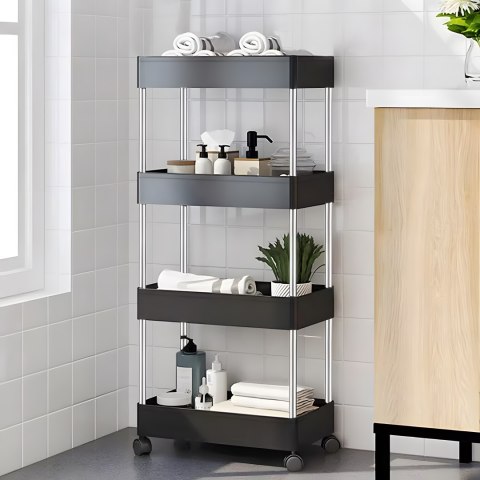 Plastikowy regał łazienkowy z 4 półkami kółka czarny ModernHome ModernHome