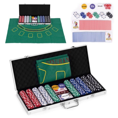 Zestaw do pokera blackjacka 500 żetonów 2 talie kart kości mata do gry zamykana walizka MULTISTORE