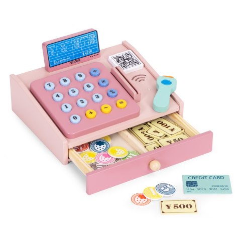 Drewniana kasa fiskalna dla dzieci skaner banknoty monety karta MULTISTORE