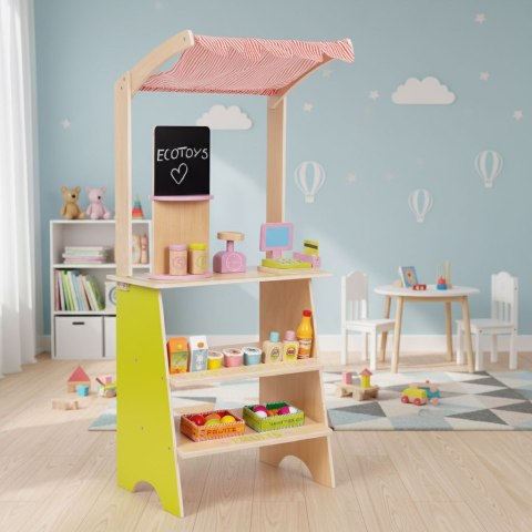Duży drewniany stragan dla dzieci sklep z terminalem i wagą owoce warzywa 20 elementów ECOTOYS ECOTOYS