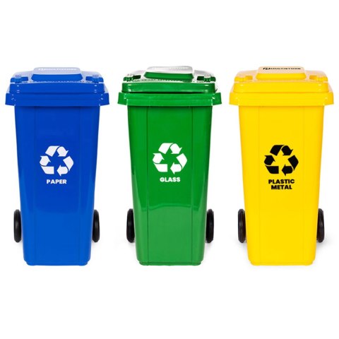 Zestaw 3 koszy na śmieci pojemniki 3x120L niebieski zielony żółty makulatura szkło plastik gumowe koła MULTISTORE