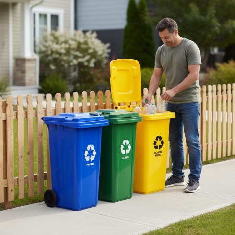 Zestaw 4 koszy na śmieci pojemniki 4x120L niebieski zielony żółty czarny makulatura szkło plastik odpady zmieszane gumowe koła MULTISTORE