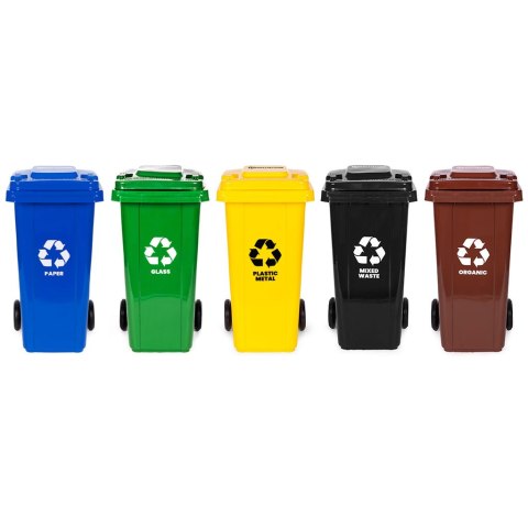 Zestaw 5 koszy na śmieci pojemniki 5x120L niebieski zielony żółty czarny brązowy makulatura szkło plastik odpady zmieszane BIO g MULTISTORE