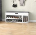 Szafka na buty z szarą poduszką i otwieranym siedziskiem 3 półki biała ModernHome ModernHome
