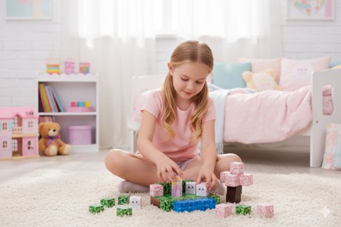 Klocki magnetyczne konstrukcyjne zestaw dla dzieci 96 elementów sześciany różowy zamek MULTISTORE