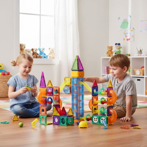 Klocki magnetyczne świecące konstrukcyjne tor kulkowy kulodrom 134 elementy MULTISTORE