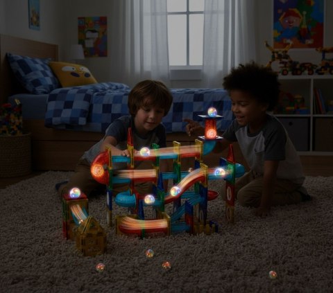 Klocki magnetyczne tor kulkowy LED klocki konstrukcyjne kulodrom 105 elementów MULTISTORE