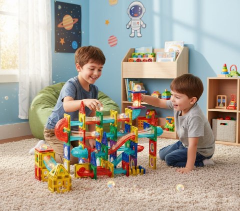 Klocki magnetyczne tor kulkowy LED klocki konstrukcyjne kulodrom 105 elementów MULTISTORE