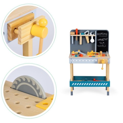 Zabawkowy drewniany warsztat z narzędziami - 47 el. ECOTOYS ECOTOYS Zabawkowy drewniany warsztat z narzędziami - 47 el. ECOTOYS ECOTOYS