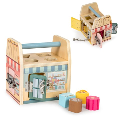 Drewniana kostka edukacyjna, sorter klockami cztery zamki, uchwyt ECOTOYS Drewniana kostka edukacyjna, sorter klockami cztery zamki, uchwyt ECOTOYS